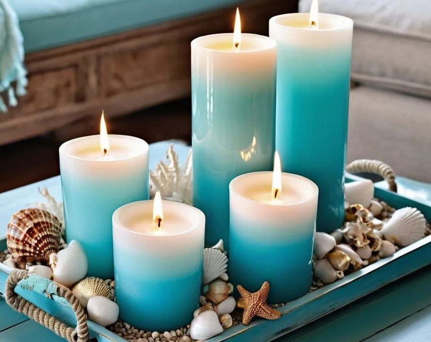 pillarr candles in beach themed in 3 sizes, 8inch, 6inch, 4 inches 